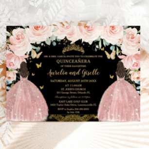 Twins Quinceañera Princess Blush Floral Gold Black Einladung