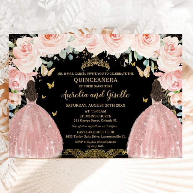 Twins Quinceañera Princess Blush Floral Gold Black Einladung (blush pink floral rose gold dress twins princesses quinceanera sweet 16 birthday invitation cards)