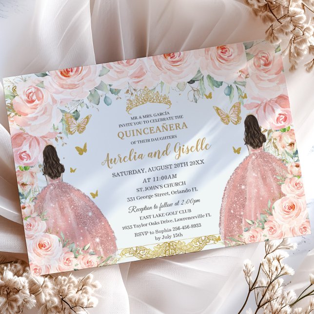 Twins Quinceañera Princesses Blush Floral Gold Einladung (elegant-blush-pink-floral-twins-princesses-rose-gold-dress-brunette-joint-sisters-quinceanera invite)