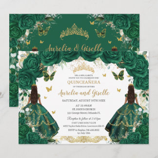 Twins Quinceañera Princesses Emerald Green Floral Einladung