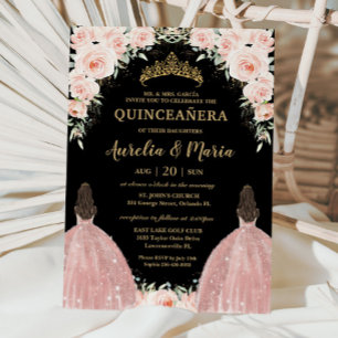 Twins Quinceañera Soft Blush Rose Blume Einladung