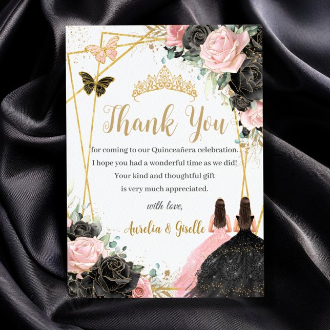 Twins Quinceañera Sweet 16 Black Pink Floral Dankeskarte (twins quinceanera sweet 16 black and pink roses floral gold geometric princesses thank you cards)
