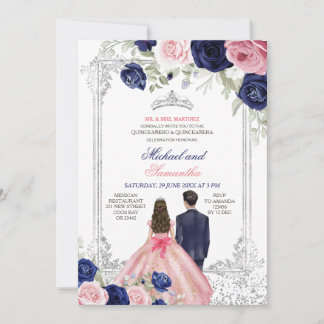 Twins Rosa und Navy Blauer Blütensilber Quinceañer Einladung