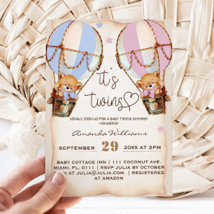 Twins Rustikale Bärenjunge & Girl Pink Blue Baby D Einladung