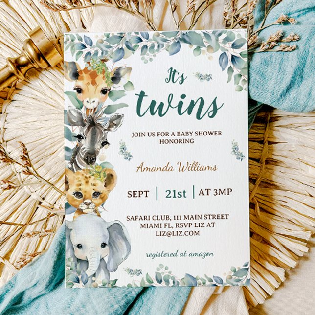 Twins Safari Animals Boho Baby Shower Einladung (Von Creator hochgeladen)