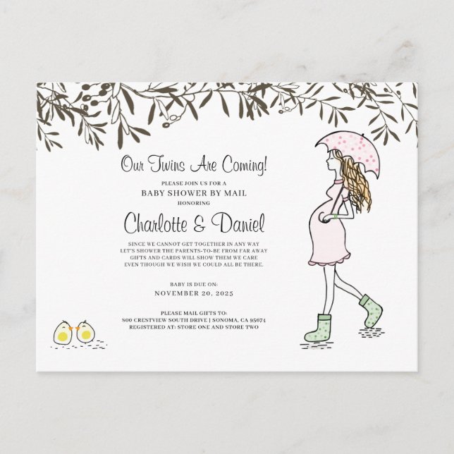 Twins Schwangerschaft Schwangere Mama mit Schirm Einladungspostkarte (Vorderseite)