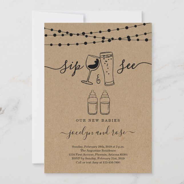 Twins Sip & See Wine & Beer Toast Einladung (Vorderseite)