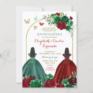 Twins Sisters Hunter Green Rote Rose Quinceañera Einladung