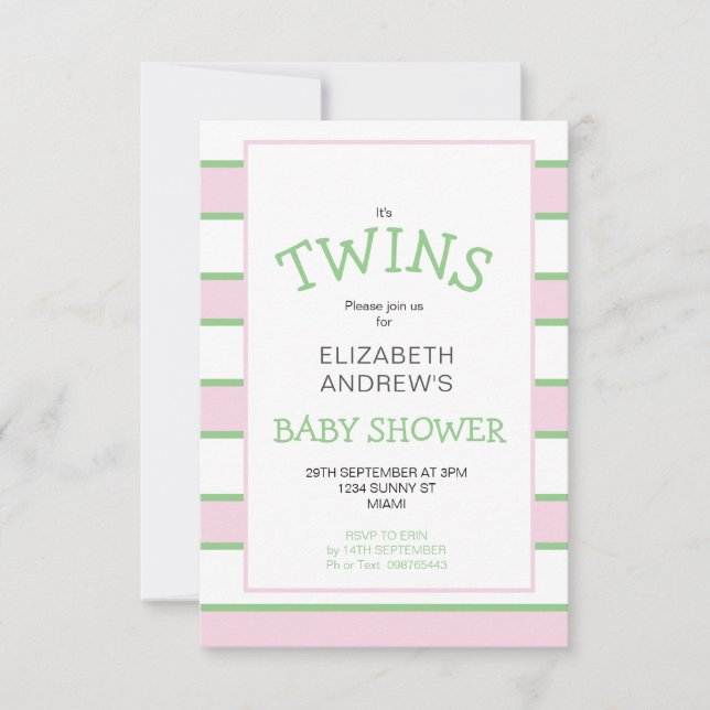 Twins Striped Pink Green Baby Dusche Einladung (Vorderseite)