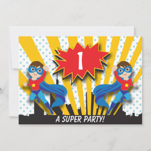 Twins Superheld zum Geburtstag Boys Brown Hair Einladung