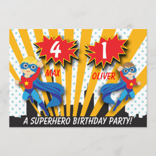 Twins Superhero Birthday Boys Brown/Blonde Hair Einladung
