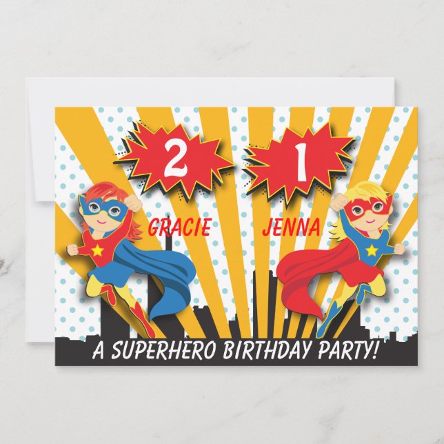 Twins Superhero Birthday | Rote Mädchen/Blonde Haa Einladung (Vorderseite)