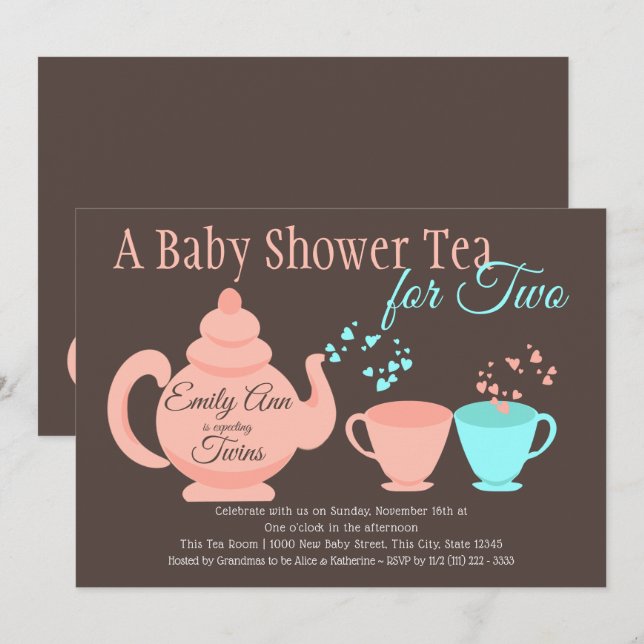 Twins Tea Party Baby Shower Einladung (Vorne/Hinten)
