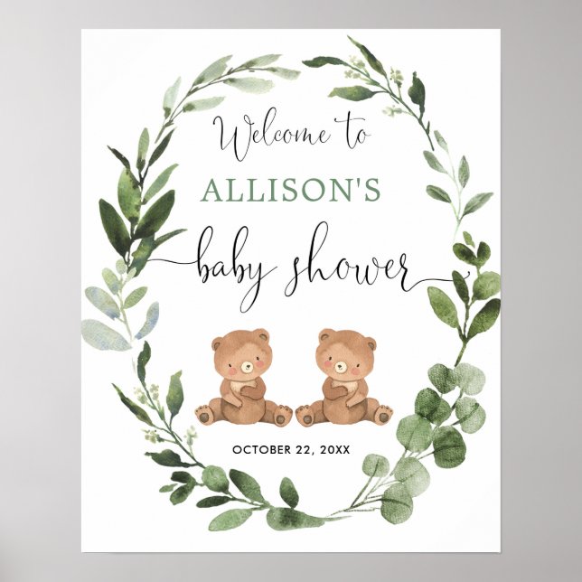 Twins Teddy Bär Baby Dusche Begrüßungszeichen Poster (Vorne)