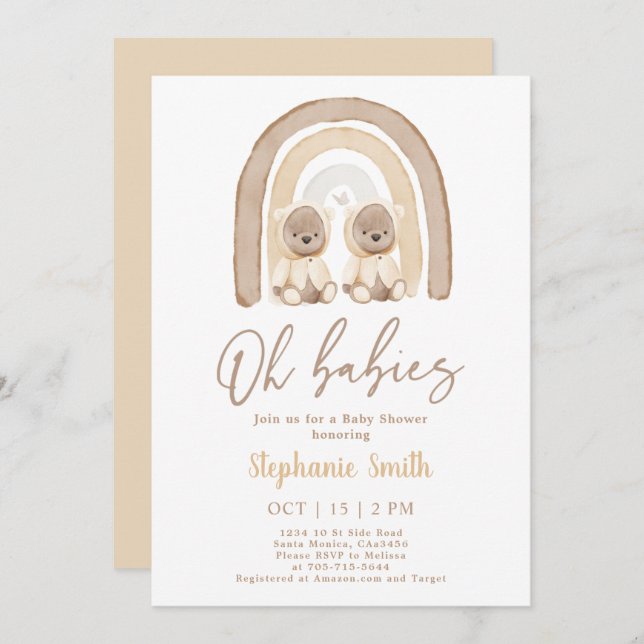 Twins Teddy Bär Rainbow Baby Einladung (Vorne/Hinten)