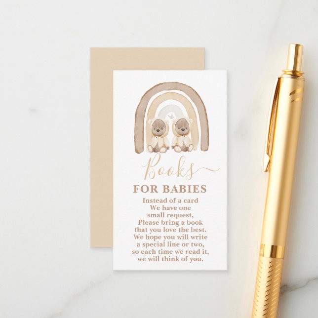 Twins Teddy Bear and Rainbow Books for Babys Card Begleitkarte (Vorderseite/Rückseite Beispiel)