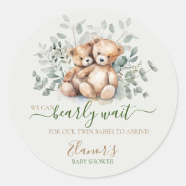 Twins Teddy Bear Greenery Boho Neutral Baby Shower Runder Aufkleber