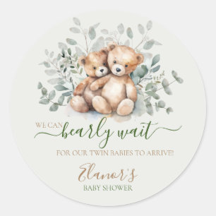 Twins Teddy Bear Greenery Boho Neutral Baby Shower Runder Aufkleber