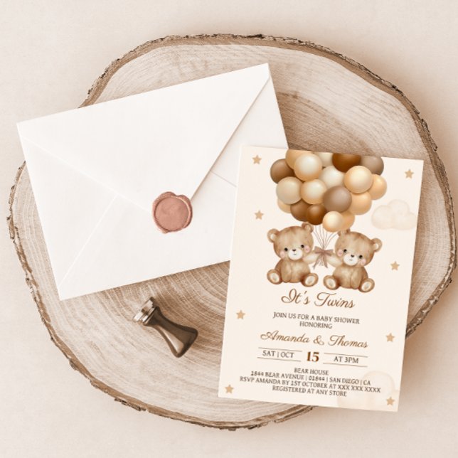 Twins Teddy Bear Neutral Balloon Babydusche Einladung (Von Creator hochgeladen)