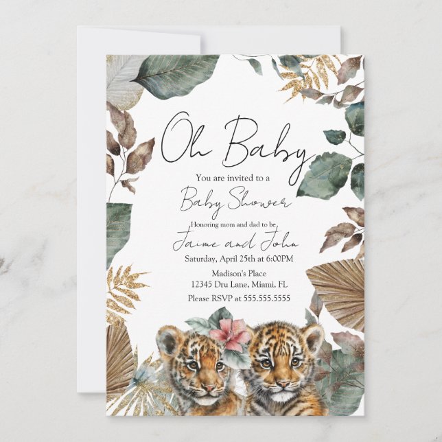 Twins Tiger Jungle Wild Details Baby Shower Einladung (Vorderseite)