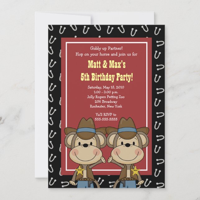 TWINS Twin Boys Western Cowboy Monkey 12x18 Geburt Einladung (Vorderseite)