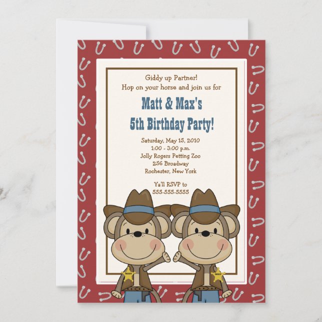 TWINS Twin Boys Western Cowboy Monkey 12x18 Geburt Einladung (Vorderseite)