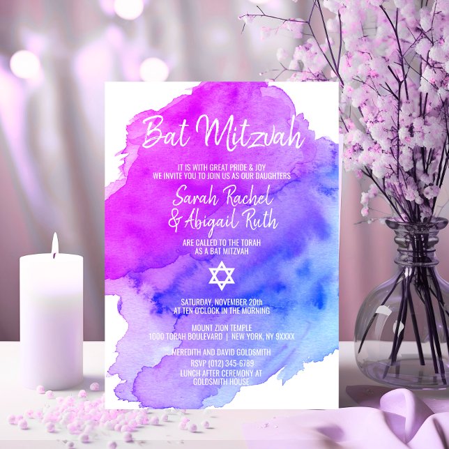 Twins Watercolor Lila Blue Star BAT MITZVAH Einladung (Twins Watercolor Purple Blue Star BAT MITZVAH Invitation)