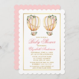 Twins Watercolor Pink Floral Balloons Babydusche Einladung