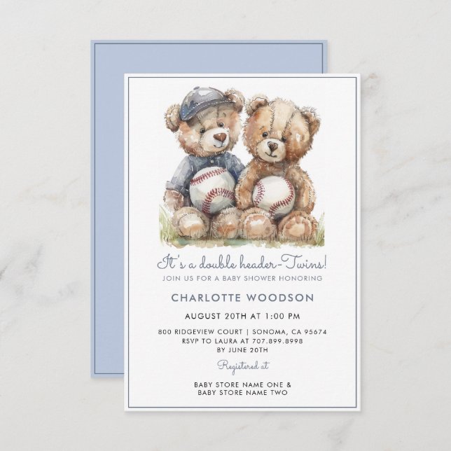 Twins Watercolor Teddy Bears Einladung (Vorne/Hinten)