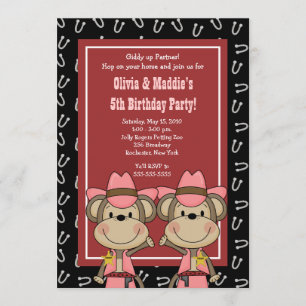 TWINS Western Cowgirl Monkey 12x18 Geburtstag Einladung