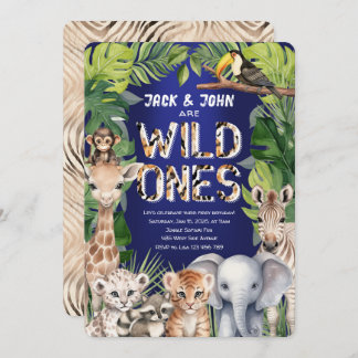 Twins Wild Ones, Jungle Safari Navy 1. Geburtstag Einladung