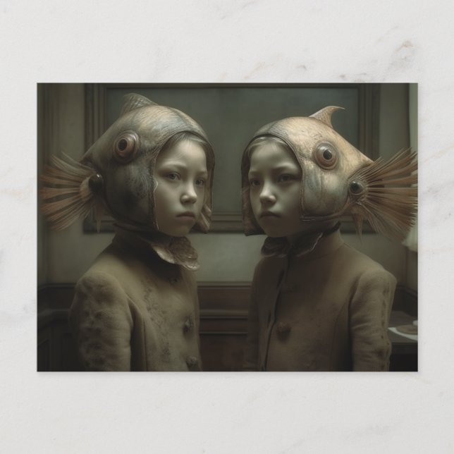 Twins with Fish on Heads Horror Kunst Postkarte (Vorderseite)