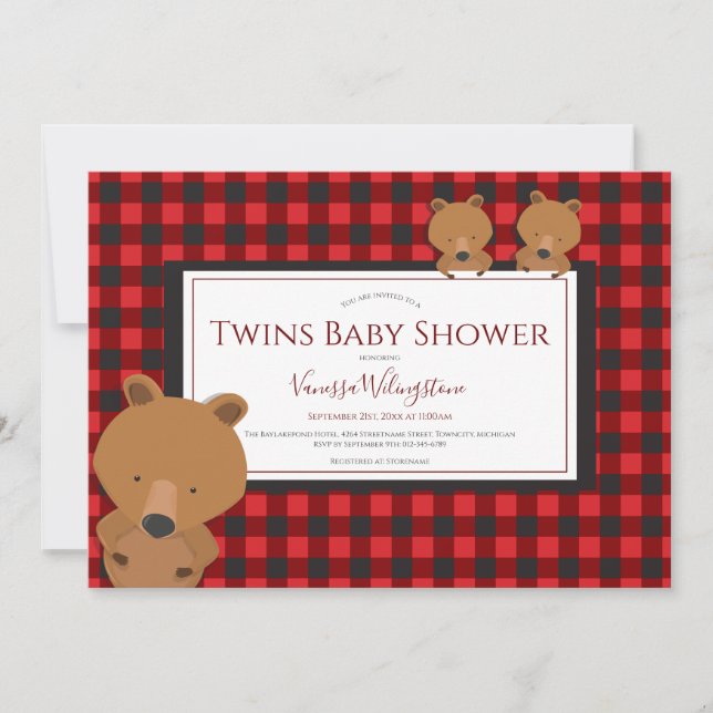  Twins Woodland Red Kariert Bear Baby Dusche Einladung (Vorderseite)