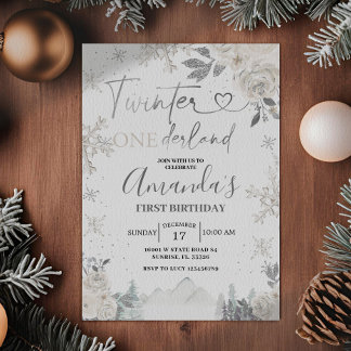 Twinter Onederland Snowflake White Floral Geburtst Einladung