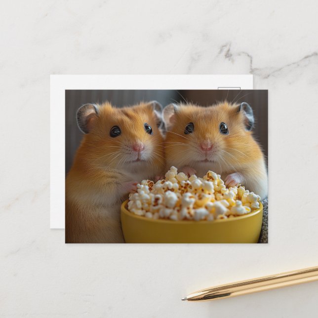 Two Adorable Hamsters With a Large Popcorn Bowl Postkarte (Vorderseite/Rückseite Beispiel)