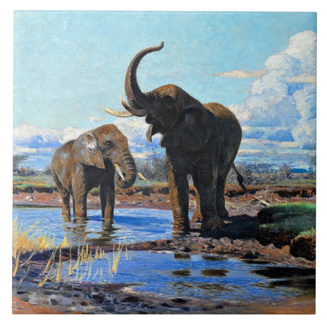 Two African Elephants at Watering Hole Fliese (Vorderseite)