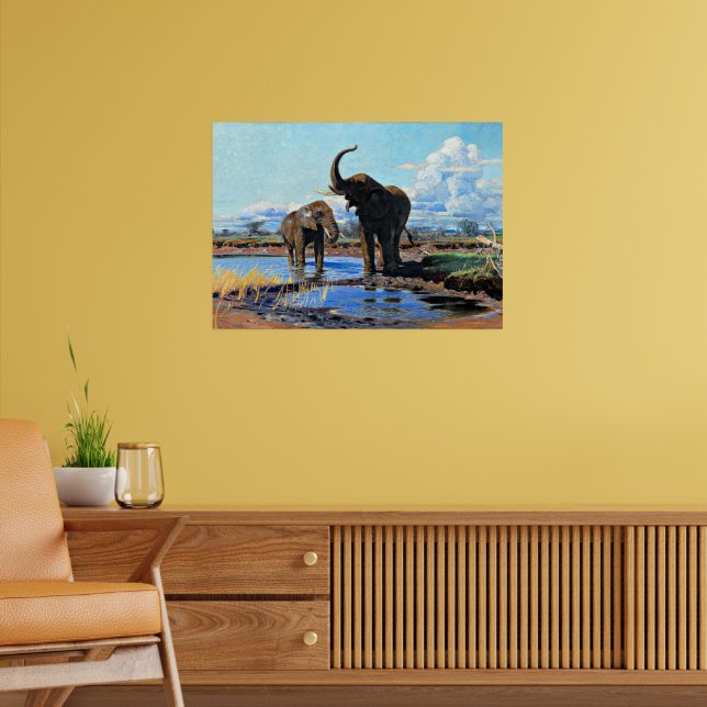 Two African Elephants at Watering Hole Poster (Wohnzimmer 2)