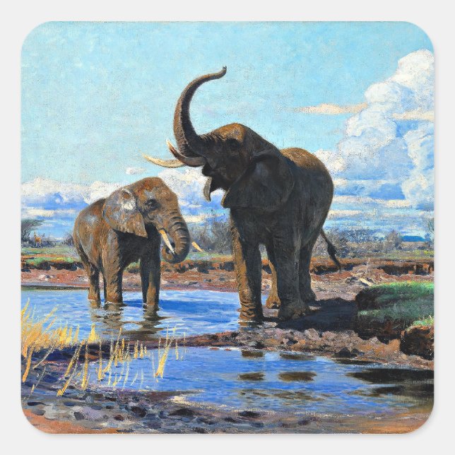 Two African Elephants at Watering Hole Quadratischer Aufkleber (Vorderseite)