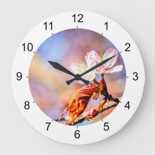 Two Amazing Sakura Flowers. Pink, Blue Background Große Wanduhr