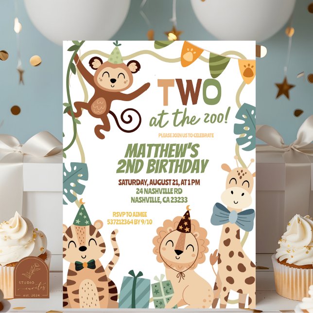 TWO at the zoo boy birthday invitation Einladung (Von Creator hochgeladen)