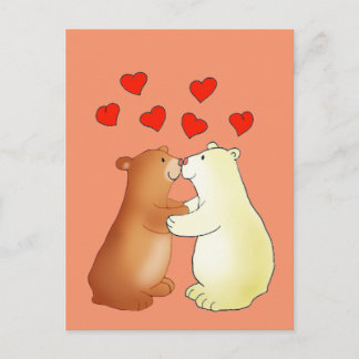 Two bears kissing and love hearts postkarte