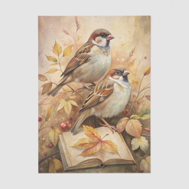 Two Beautiful Birds with Open Book & Autumn Leaves Seidenpapier (Vorderseite)