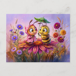 Two bees meeting on flower during cheerful rain postkarte
