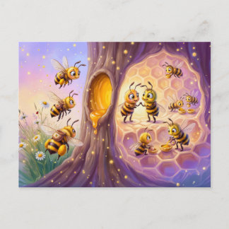 Two bees returning with pollen in comic illustrati postkarte