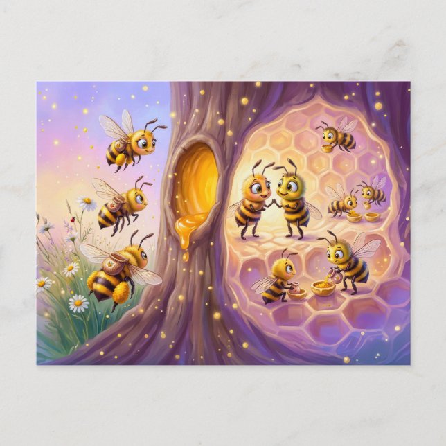 Two bees returning with pollen in comic illustrati postkarte (Vorderseite)