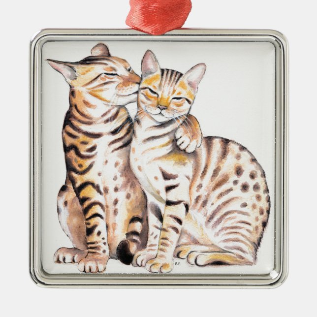 Two Bengal Cats Watercolor Art Silbernes Ornament (Vorne)
