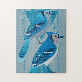 Two blue jays with geometric background puzzle