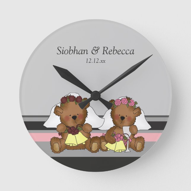 Two Bride Teddy Bears Runde Wanduhr (Vorderseite)