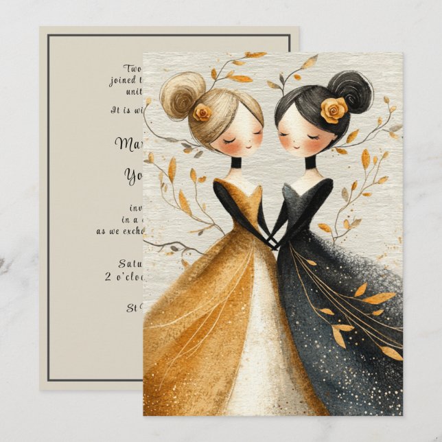 Two Brides Hand Drawn Pencil Illustration   Einladung (Vorne/Hinten)