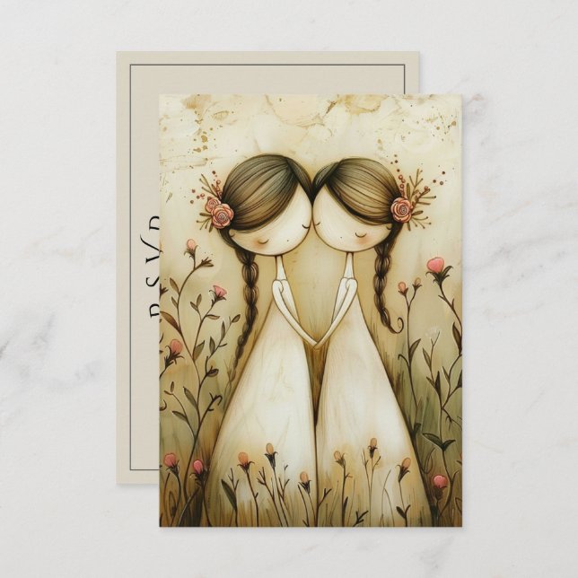 Two Brides Hand Drawn Pencil Illustration   RSVP Karte (Vorne/Hinten)